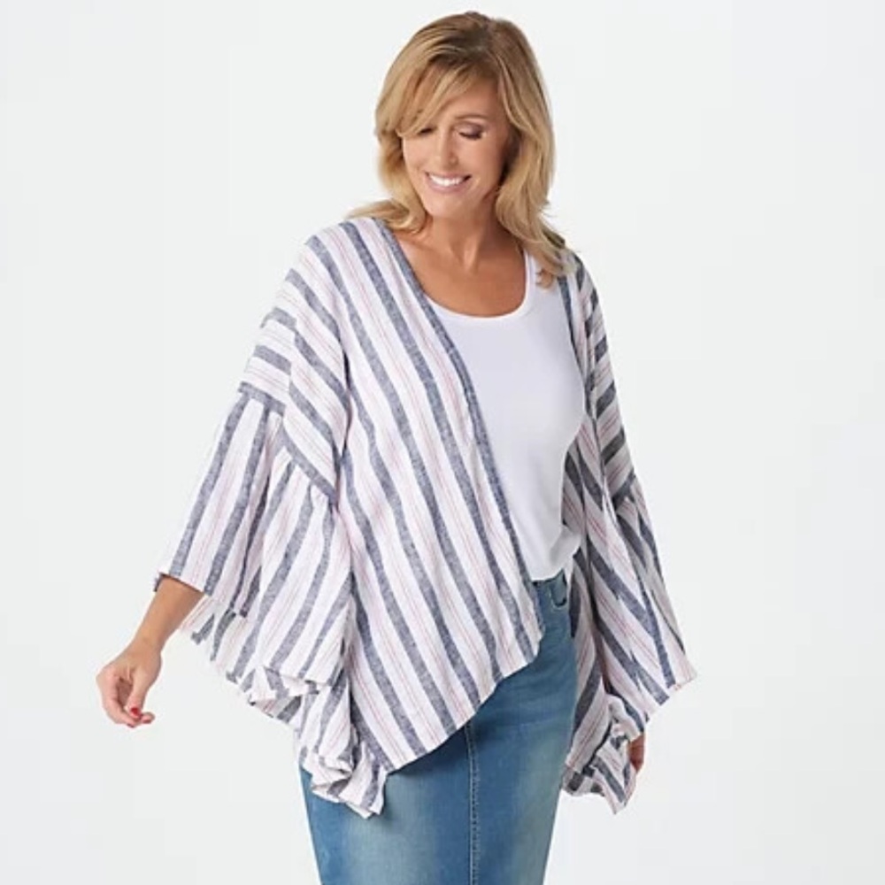 Laurie Felt Striped Flutter Sleeve Open Front Wrap Top Size Small
